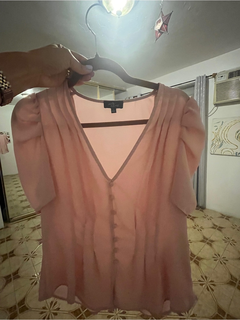 Light Pink V-Neck Button-Front Midi Top